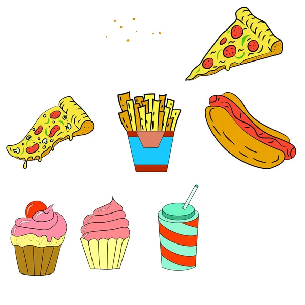 Fast Food Bevande Set Icone Illustrazione Cartone Animato Patatine Fritte — Vettoriale Stock