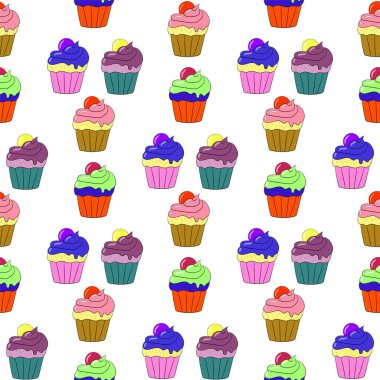 Kusursuz desenli, elle çizilmiş kekler. vektör illüstrasyonu.