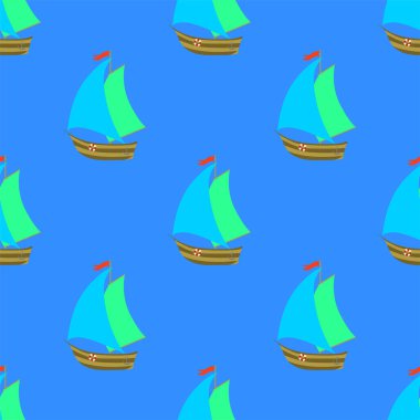 Kusursuz desenli, el çizimi çizgi film gemisi. vektör illüstrasyonu