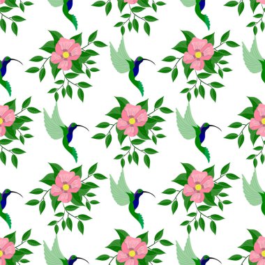 Çiçekler ve yapraklarla kusursuz desen, vektör illüstrasyonu