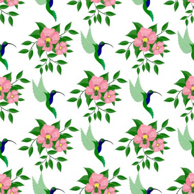 Çiçekler ve yapraklarla kusursuz desen, vektör illüstrasyonu