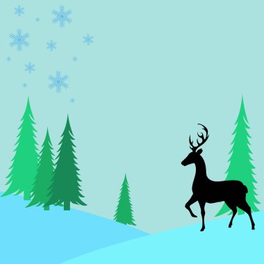 Geyik, orman ve kar taneleri, manzara çizimleri