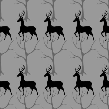 Geyik ve ağaç siluetleri, kusursuz desenler.