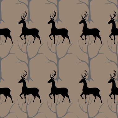 Geyik ve ağaç siluetleri, kusursuz desenler.
