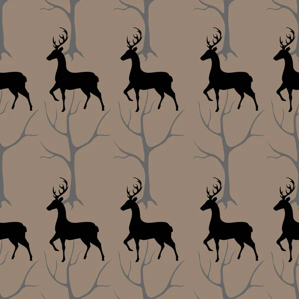 Silhouettes Cerfs Arbres Motif Sans Couture — Image vectorielle