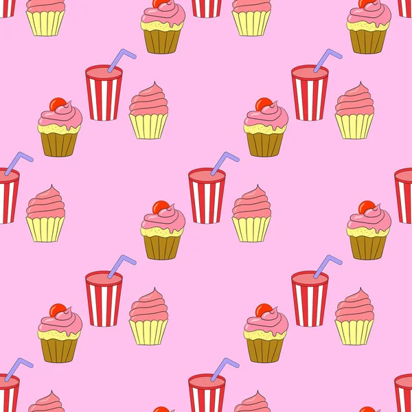 Seamless Pattern Cute Cartoon Cupcakes Pink Background — Stock Vector