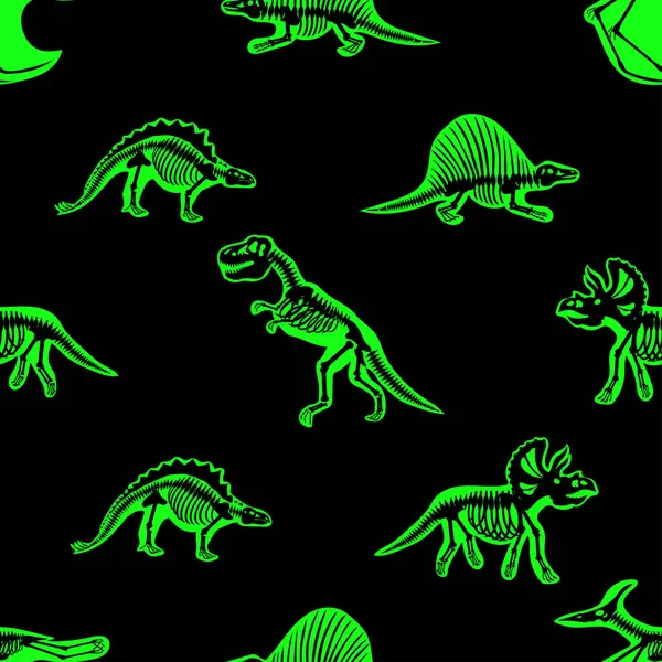 Bezešvé Vzor Zelenými Dinosaury Černém Pozadí — Stockový vektor