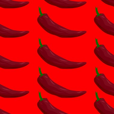 kırmızı arka planda dikişsiz taze biber deseni, vektör illüstrasyonu