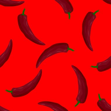 kırmızı arka planda dikişsiz taze biber deseni, vektör illüstrasyonu