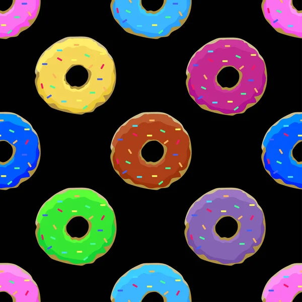 Patrón Sin Costuras Con Rosquillas Colores Sobre Fondo Negro Ilustración — Vector de stock