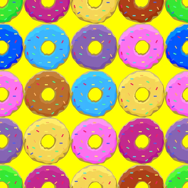 有黄色背景的彩色甜甜圈的无缝图案 矢量说明 — 图库矢量图片