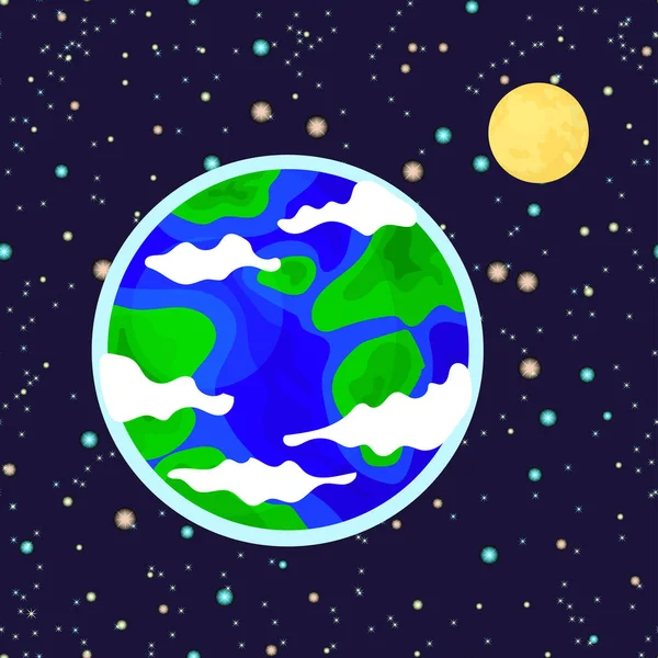 Jorden Planet Med Måne Och Stjärnor Vektor Illustration — Stock vektor