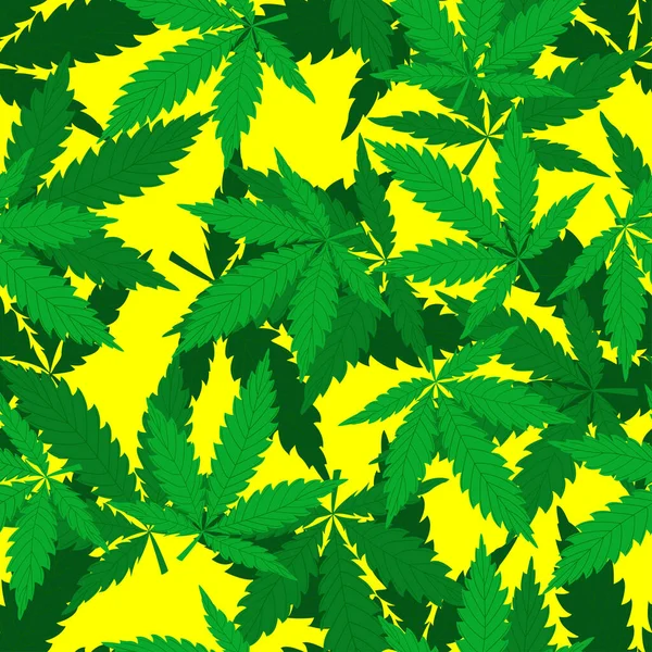 Patrón Vectorial Con Hojas Cannabis Sobre Fondo Amarillo Ilustración Moderna — Vector de stock