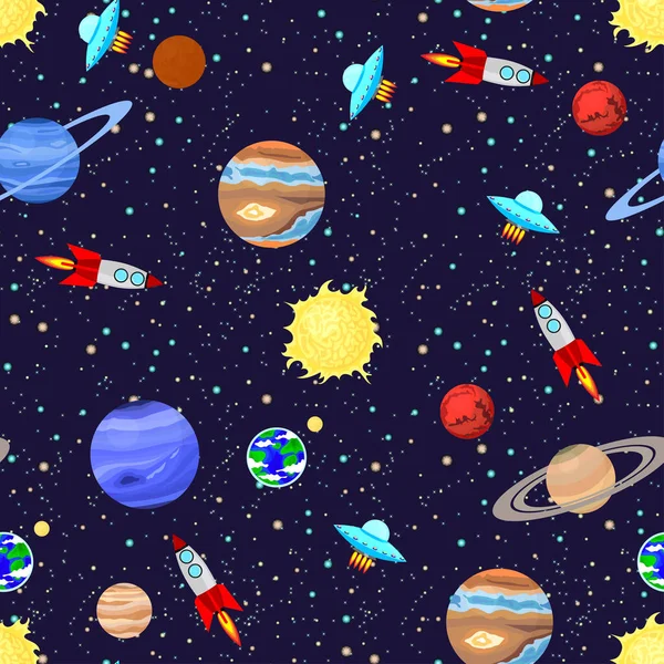 Motif Sans Couture Avec Planètes Étoiles Cosmos Espace Ufo Vaisseaux — Image vectorielle