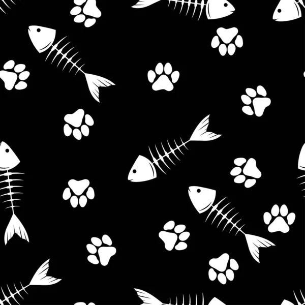 Pata Gato Estampados Esqueletos Peces Patrón Sin Costuras Símbolos Animales — Vector de stock