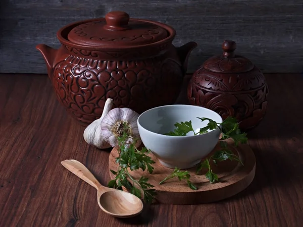 Still Life Clay Wooden Pot Wooden Spoons Kitchen Table — Stock Photo, Image