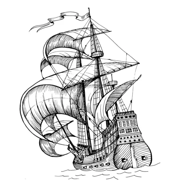 Old caravel, vintage sailboat. Hand drawn sketch. Detail of the old geographical maps of sea