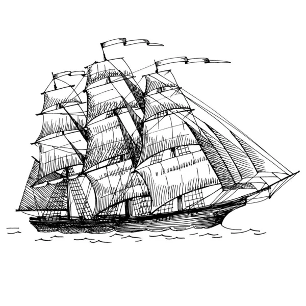 Old caravel, vintage sailboat. Hand drawn sketch. Detail of the old geographical maps of sea