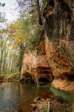Litvanya 'nın Ligatne kenti yakınlarında bulutlu bir sonbahar gününde Ligatne nehri boyunca uzanan güzel kumtaşı uçurumları.