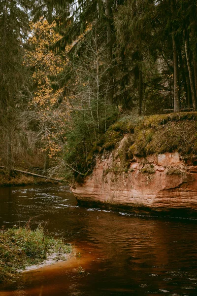 Letonya 'da bulutlu bir sonbahar gününde Amata Nehri kıyısında Stuku Rock