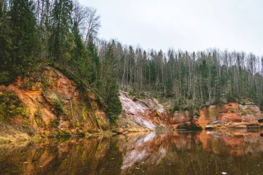 Gauja Ulusal Parkı 'ndaki Gauja nehrinin yanındaki Springu kayalıkları. Letonya 'da bir nehrin kıyısındaki kum taşı.