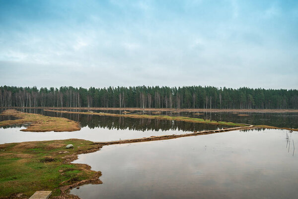 Wooden walking trail in the lake Engure in Latvia with the forest in the background connecting small islands