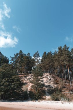 Evazi kayalıkları ya da Letonya 'daki Baltık Denizi kıyısında güneşli bir yaz günü. Mavi gökyüzü, mavi deniz, beyaz kum.