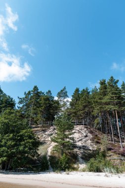 Evazi kayalıkları ya da Letonya 'daki Baltık Denizi kıyısında güneşli bir yaz günü. Mavi gökyüzü, mavi deniz, beyaz kum.