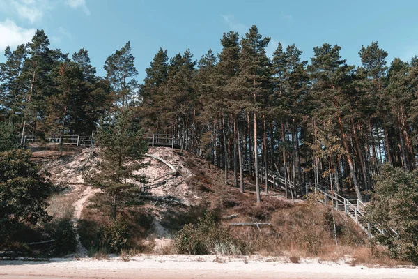 Evazi kayalıkları ya da Letonya 'daki Baltık Denizi kıyısında güneşli bir yaz günü. Mavi gökyüzü, mavi deniz, beyaz kum.