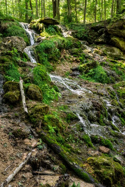 Wodospad Kazu Grava Środku Pięknego Zielonego Bujnego Lasu Oświetlonego Światłem — Zdjęcie stockowe