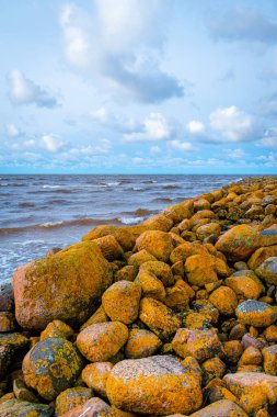 Letonya ve Estonya 'yı Baltık Denizi' ne bölen kayalık Ainazi iskelesi. Rüzgarlı bir günde taş iskele, renkli kayalar ve dalgalar üzerlerine çarpıyor..