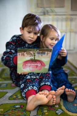 Erkek ve kız kardeşler pijamalarıyla kitap okurlar.