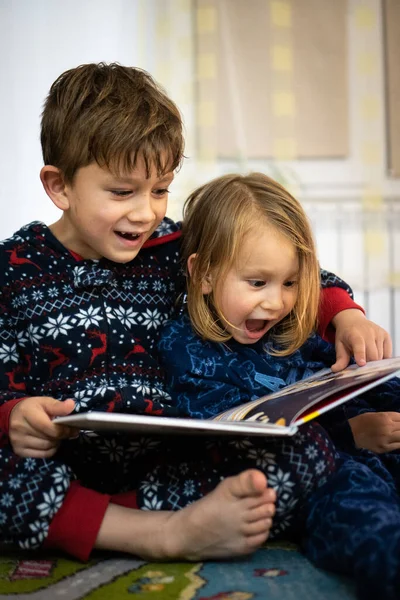 Erkek ve kız kardeşler pijamalarıyla kitap okurlar.