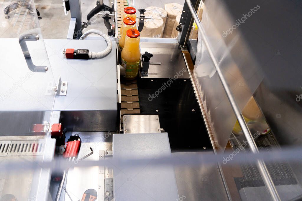 Juice making, factory line production, industry juice cans packaging lab manufacture