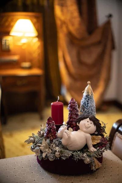 Kandelaar Interieur Decor Met Kaarsen Tafel Handgemaakte Arrangement Mini Voor — Stockfoto