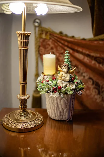 Candlestick Interior Decor with candles, table handmade arrangement mini for new year, artificial Christmas tree