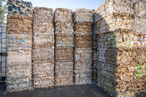 Bales Papelão Papelão Com Cintas Arame Reciclagem — Fotografia de Stock