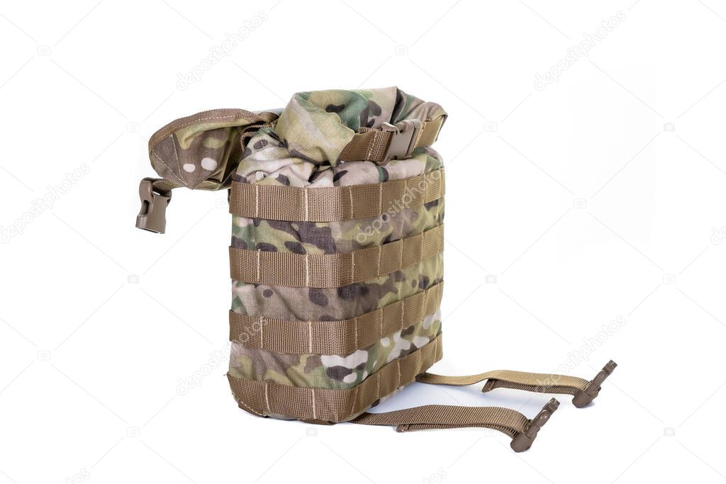 small army combat rucksack isolated white background, studio shot