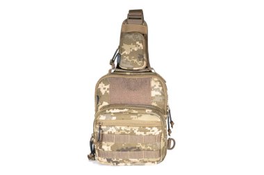 Küçük ordu sırt çantası, izole edilmiş beyaz arka plan, stüdyo çekimi.