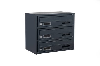 Deep blue or gray mailboxes on white background isolated. Mail box for entrance of apartment house. Metal mailbox