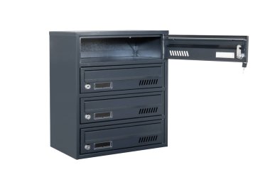 Deep blue or gray mailboxes on white background isolated. Mail box for entrance of apartment house. Metal mailbox