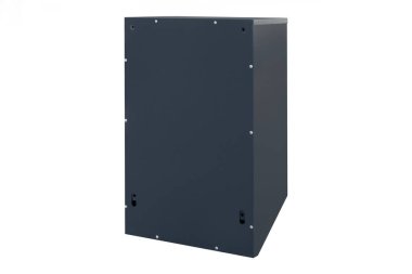 Deep blue or gray mailboxes on white background isolated. Mail box for entrance of apartment house. Metal mailbox