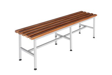 Wooden and metal bench for locker room. Park bench. Bench isolated.