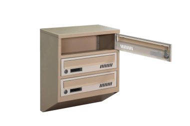 Beige ecru khaki color mailboxes on white background isolated. Mail box for entrance of apartment house. Metal mailbox
