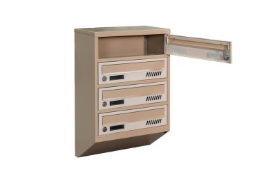 Beige ecru khaki color mailboxes on white background isolated. Mail box for entrance of apartment house. Metal mailbox
