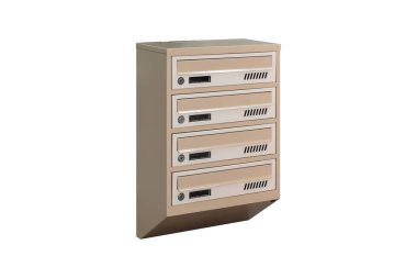 Beige ecru khaki color mailboxes on white background isolated. Mail box for entrance of apartment house. Metal mailbox