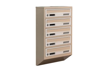 Beige ecru khaki color mailboxes on white background isolated. Mail box for entrance of apartment house. Metal mailbox