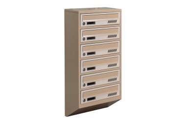 Beige ecru khaki color mailboxes on white background isolated. Mail box for entrance of apartment house. Metal mailbox
