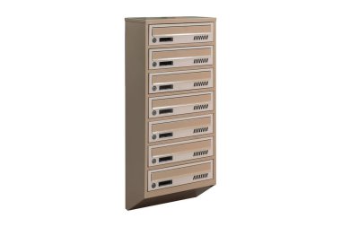 Beige ecru khaki color mailboxes on white background isolated. Mail box for entrance of apartment house. Metal mailbox