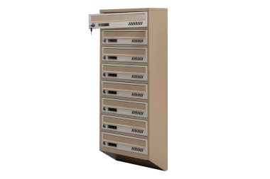 Beige ecru khaki color mailboxes on white background isolated. Mail box for entrance of apartment house. Metal mailbox
